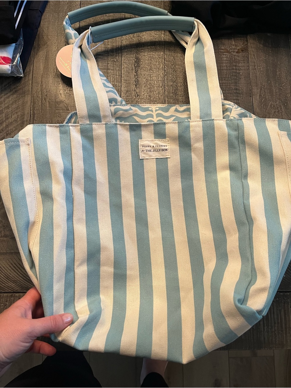 Poppy & Peonies Blue and White Striped Canvas Tote
